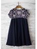 Beaded Short Sleeves Navy Blue Chiffon Knee Length Flower Girl Dress